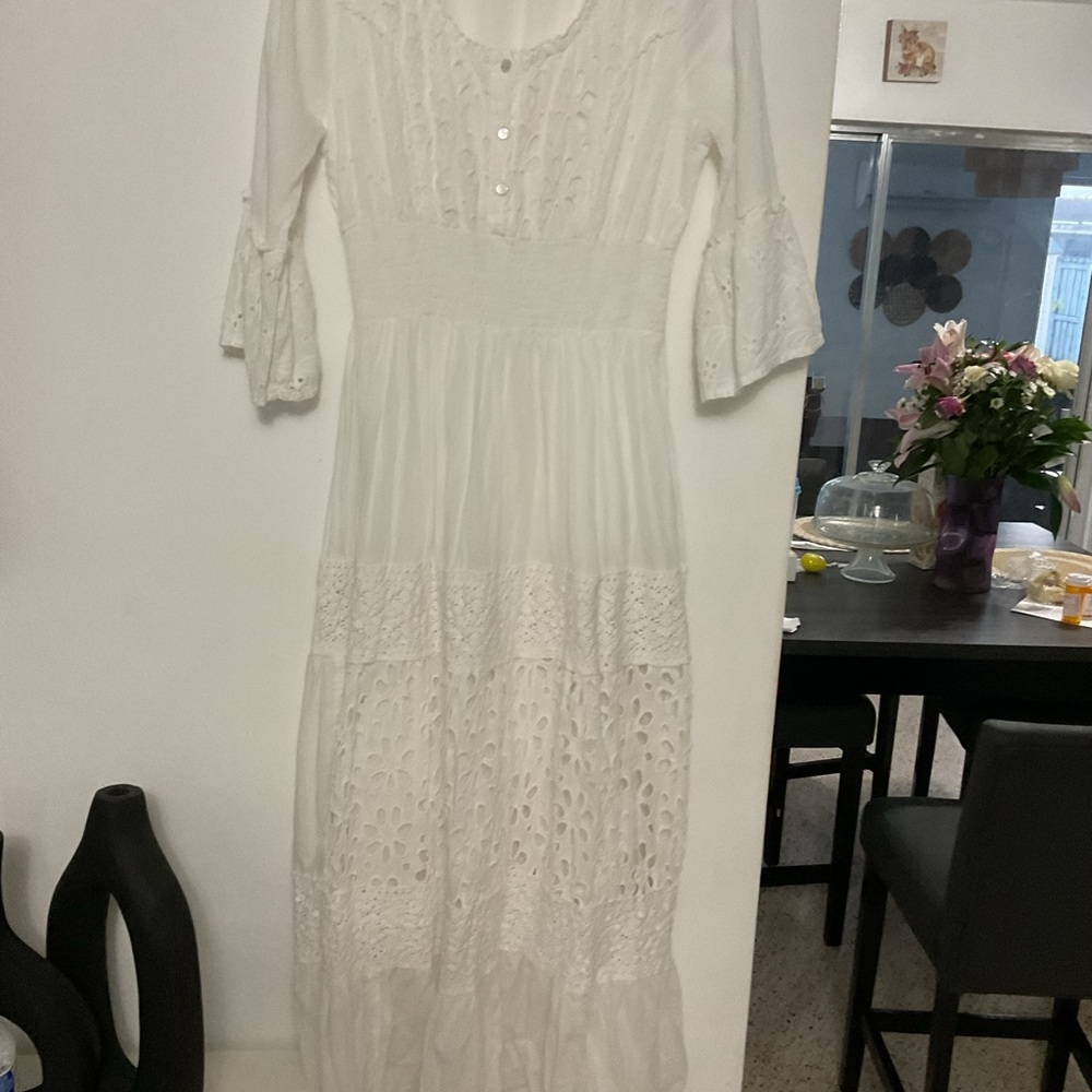 Boho White Eyelet Maxi Dress with Lace Trim NWOT